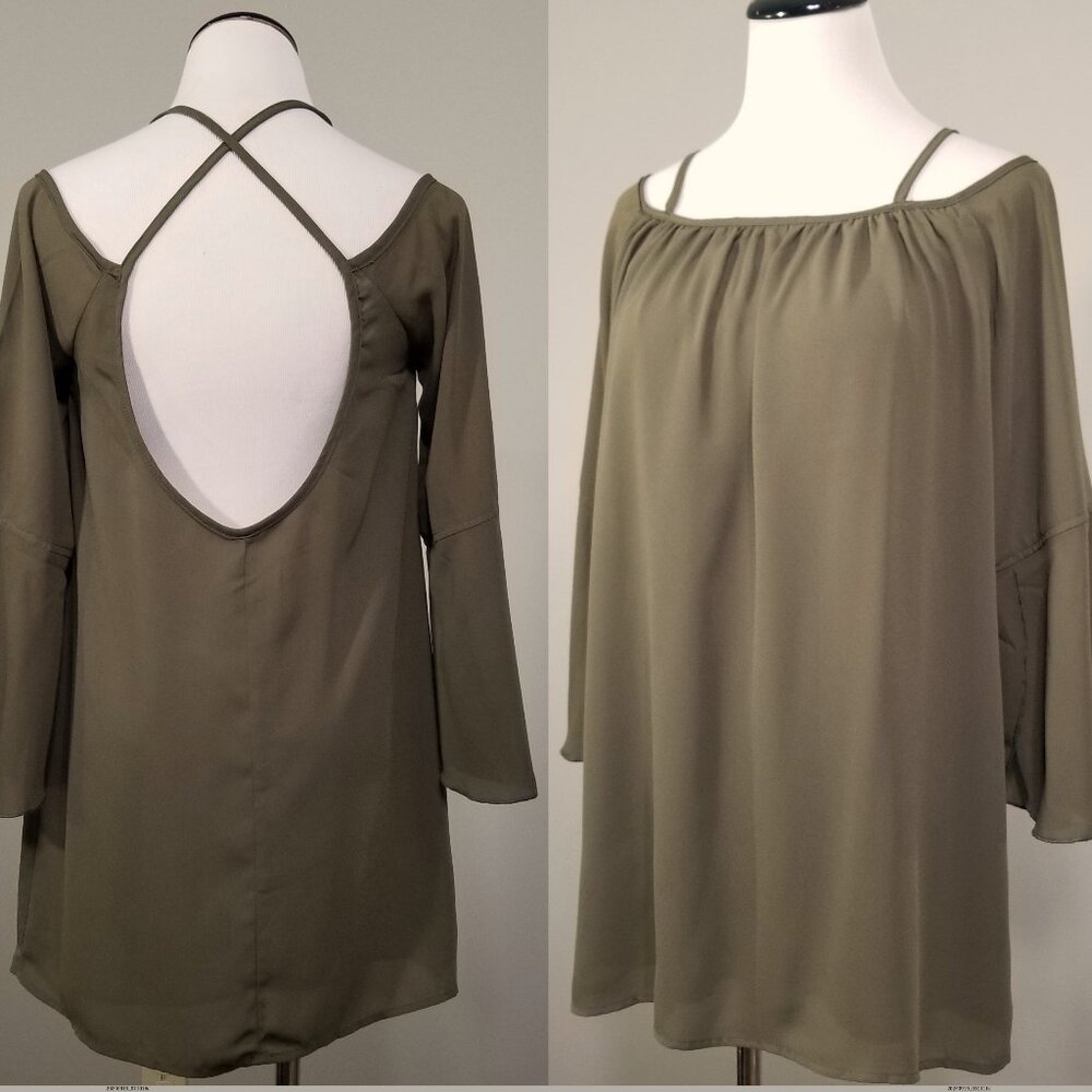 Tobi Backless A Line Mini Dress Small Green Bell Sleeve Boho Chic Strappy